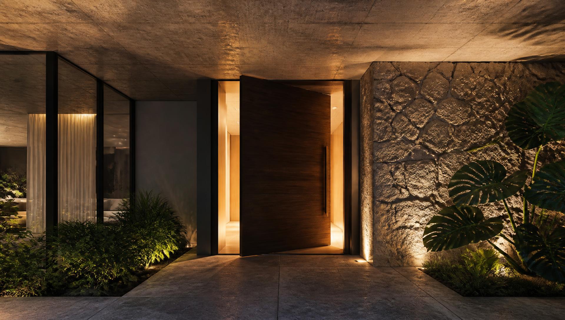 Entrada de uma residência contemporânea em São Paulo, com porta pivotante em madeira e parede de pedra